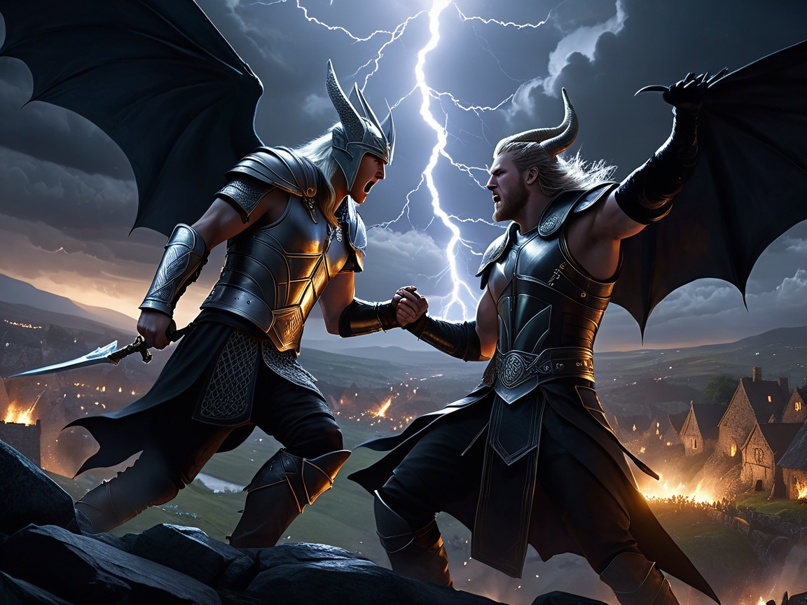 Armored Warriors Battling with Dragon Wings on Cliff
