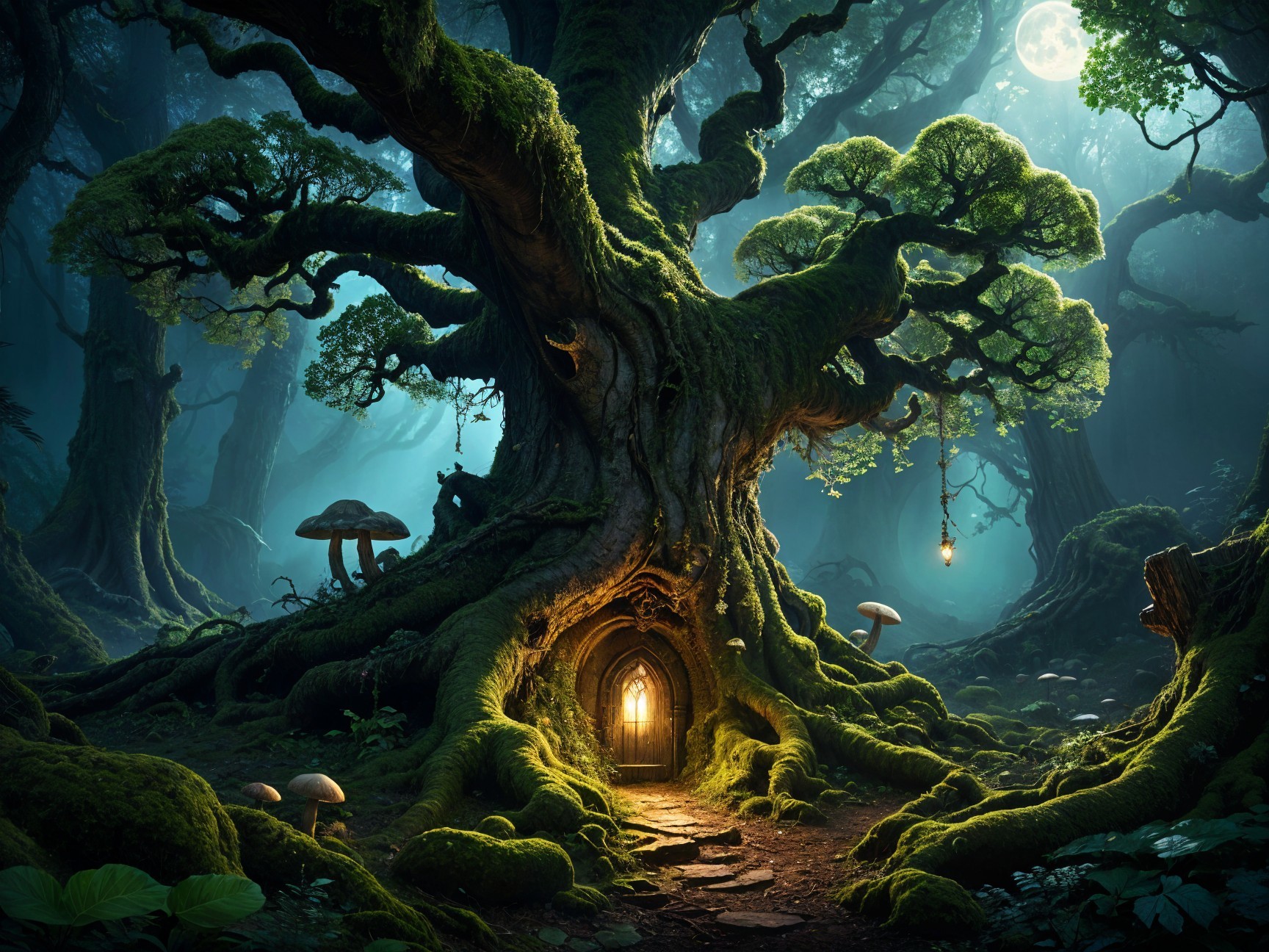 Ancient Tree in Mystical Forest with Glowing Mushrooms