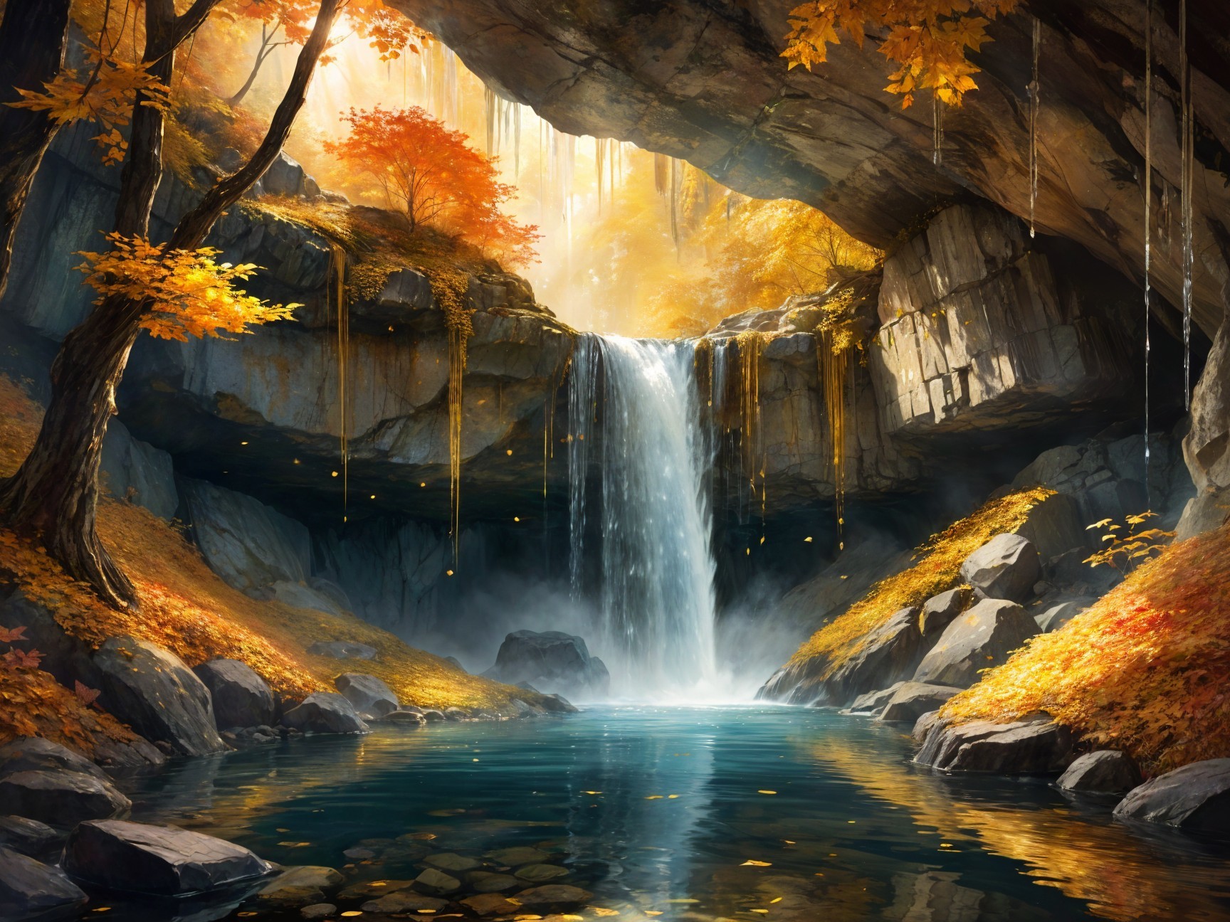 Waterfall in Cave Surrounded by Autumn Foliage