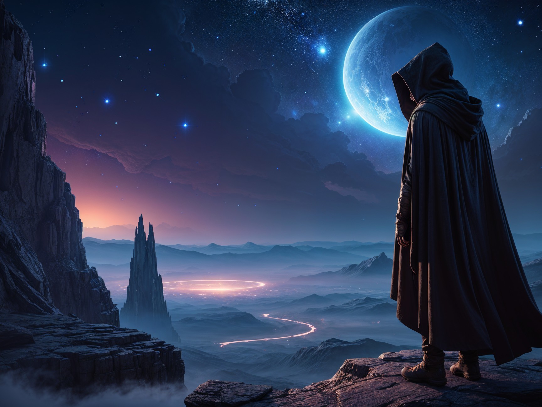 Cloaked Figure Overlooks Alien Landscape at Twilight