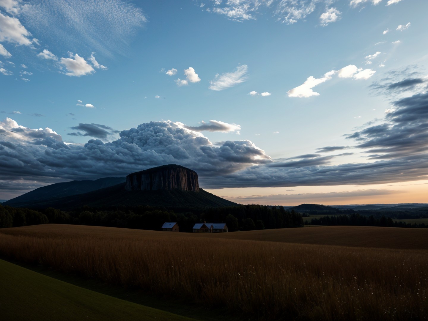 Flat-topped mountain with golden fields at dusk