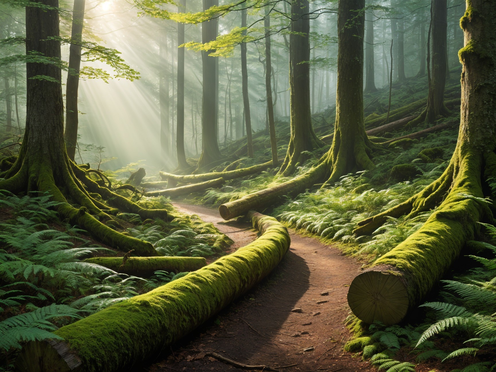 Tranquil Forest Scene with Lush Green Moss and Sunlight