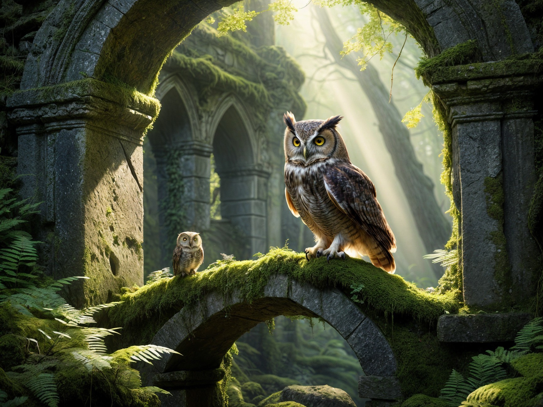 Owls Perched on Mossy Archway in Mystical Forest