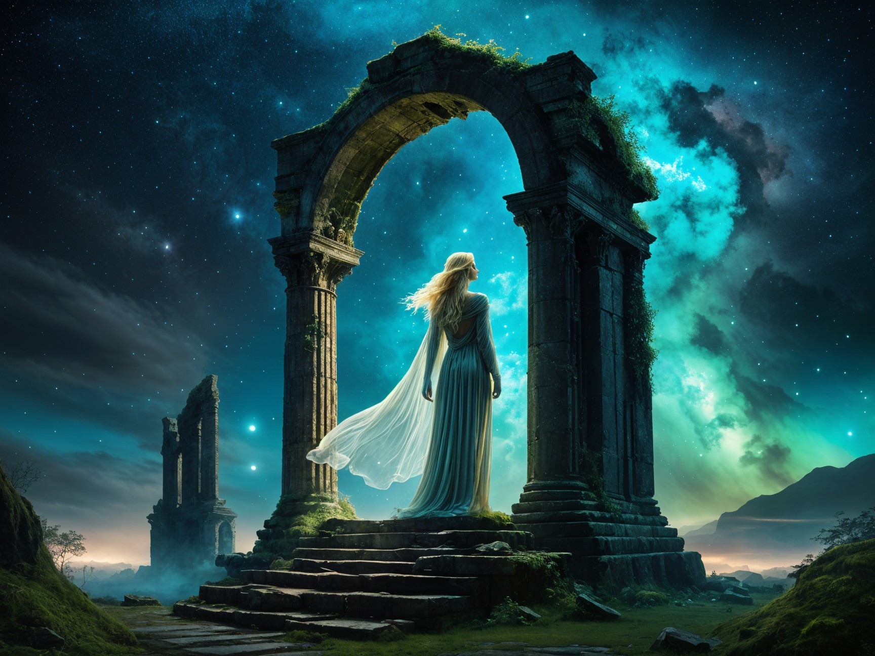 Ethereal Woman by Ancient Archway Under Starry Sky