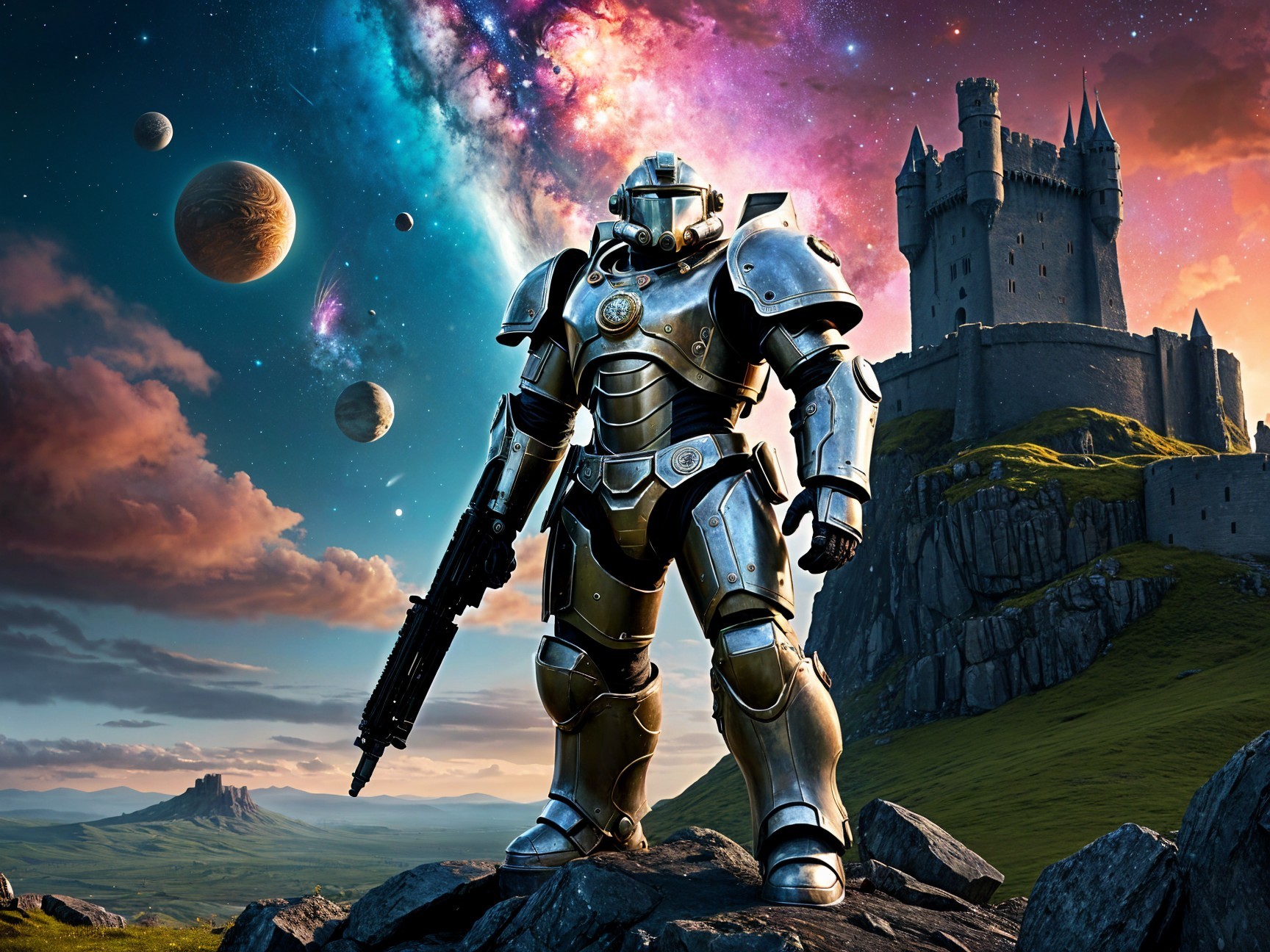 Robotic Figure with Futuristic Weapon and Castle Scene