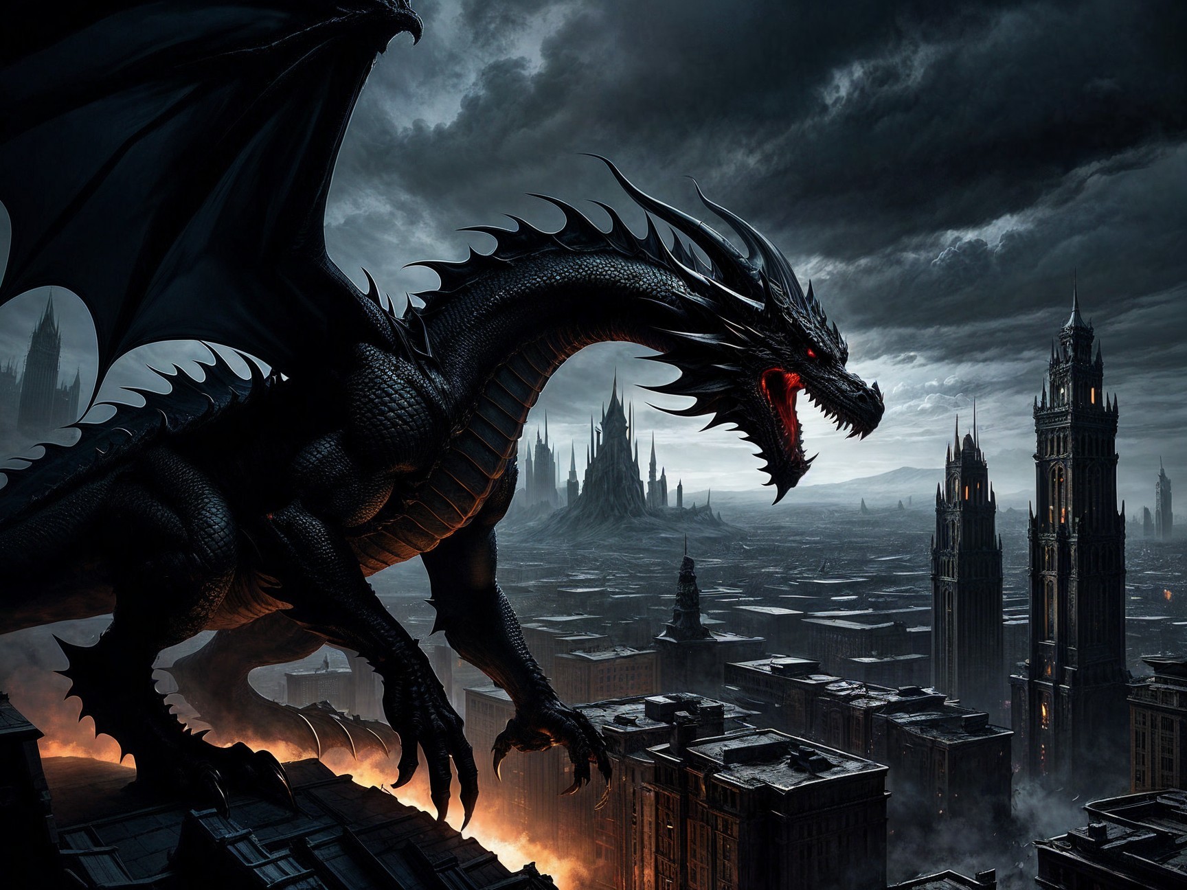 Black Dragon Over Dark Cityscape with Stormy Sky