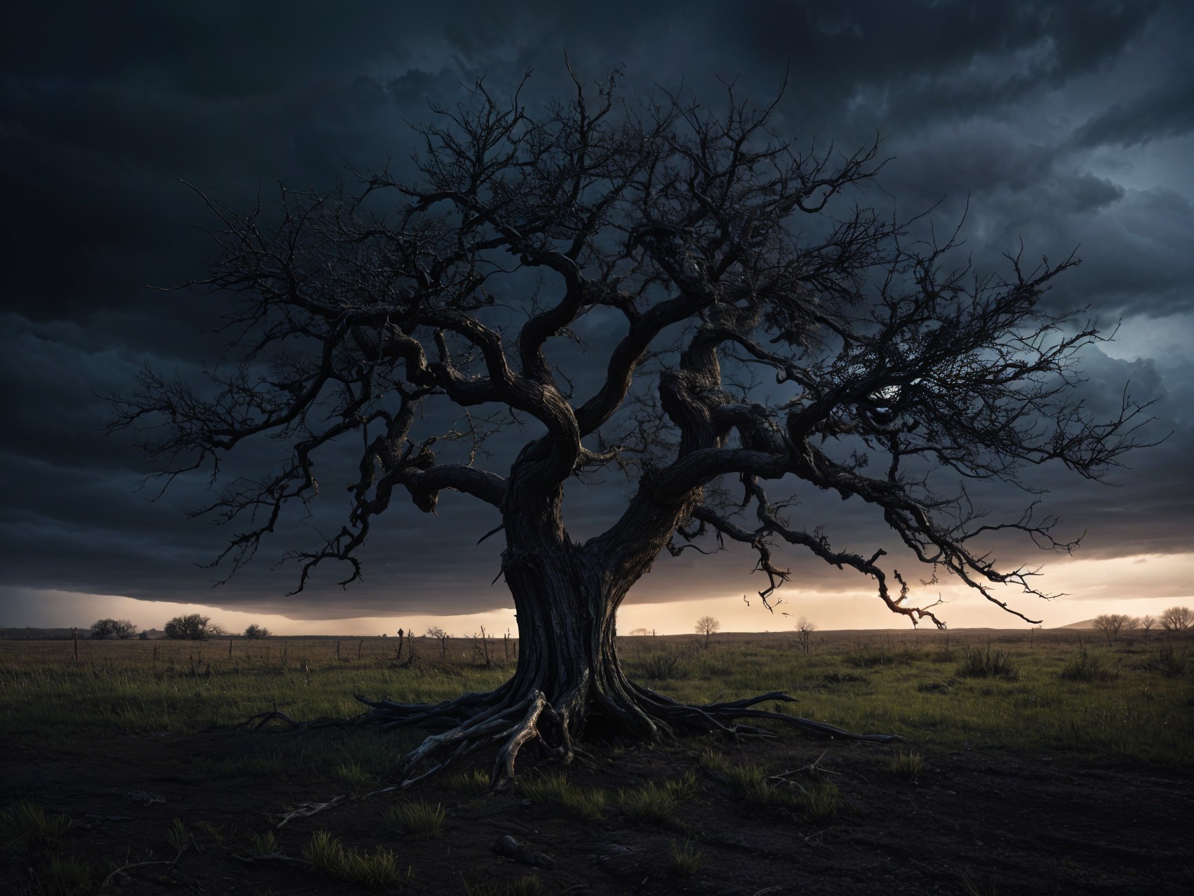 Gnarled Tree Against Dramatic Sky and Rugged Ground