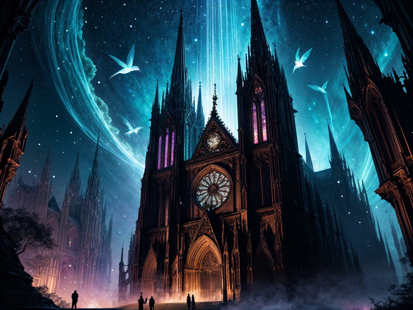 Gothic Cathedral Against Starry Sky with Ethereal Light