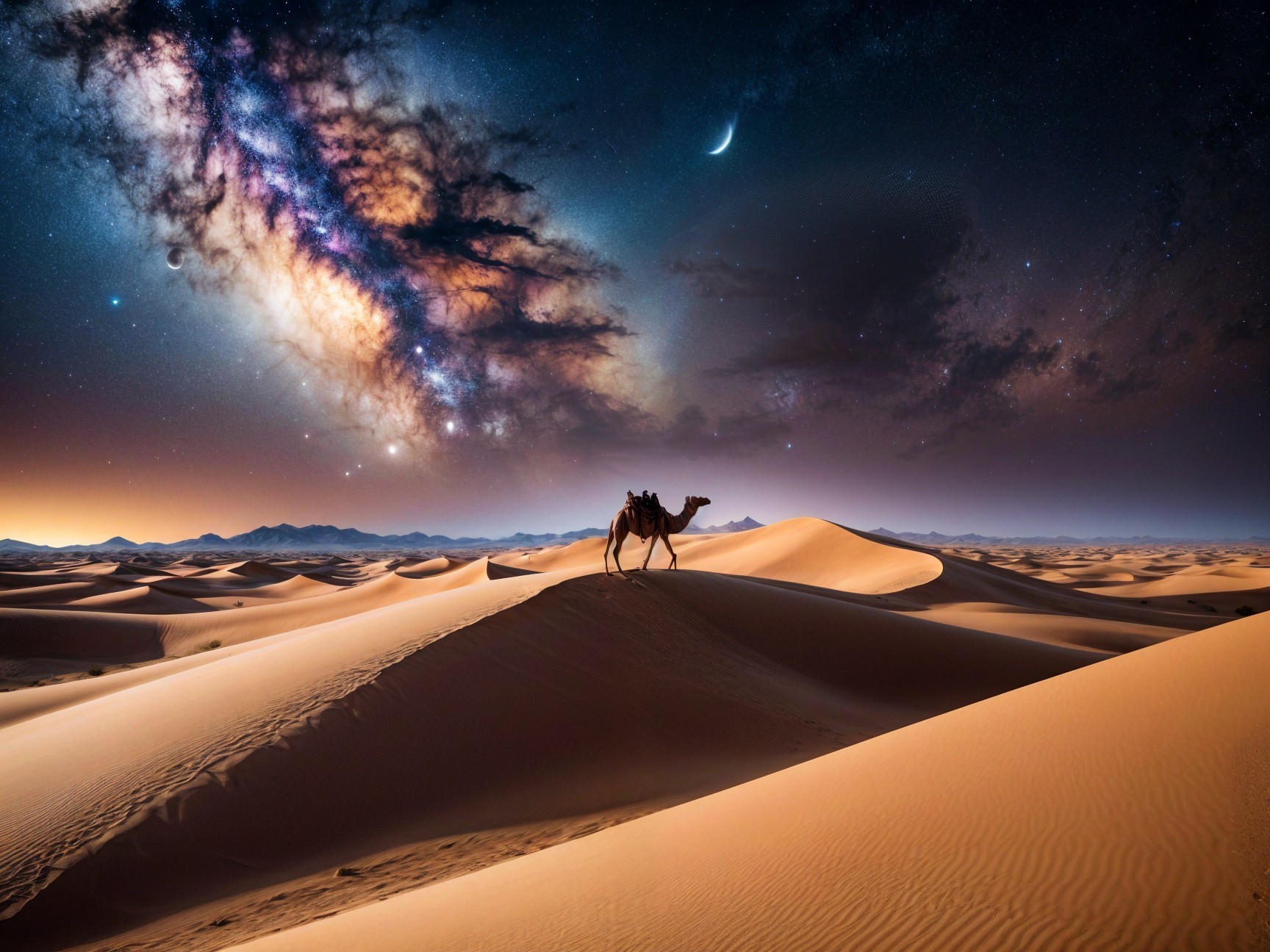 Desert Landscape at Twilight with Milky Way and Camel