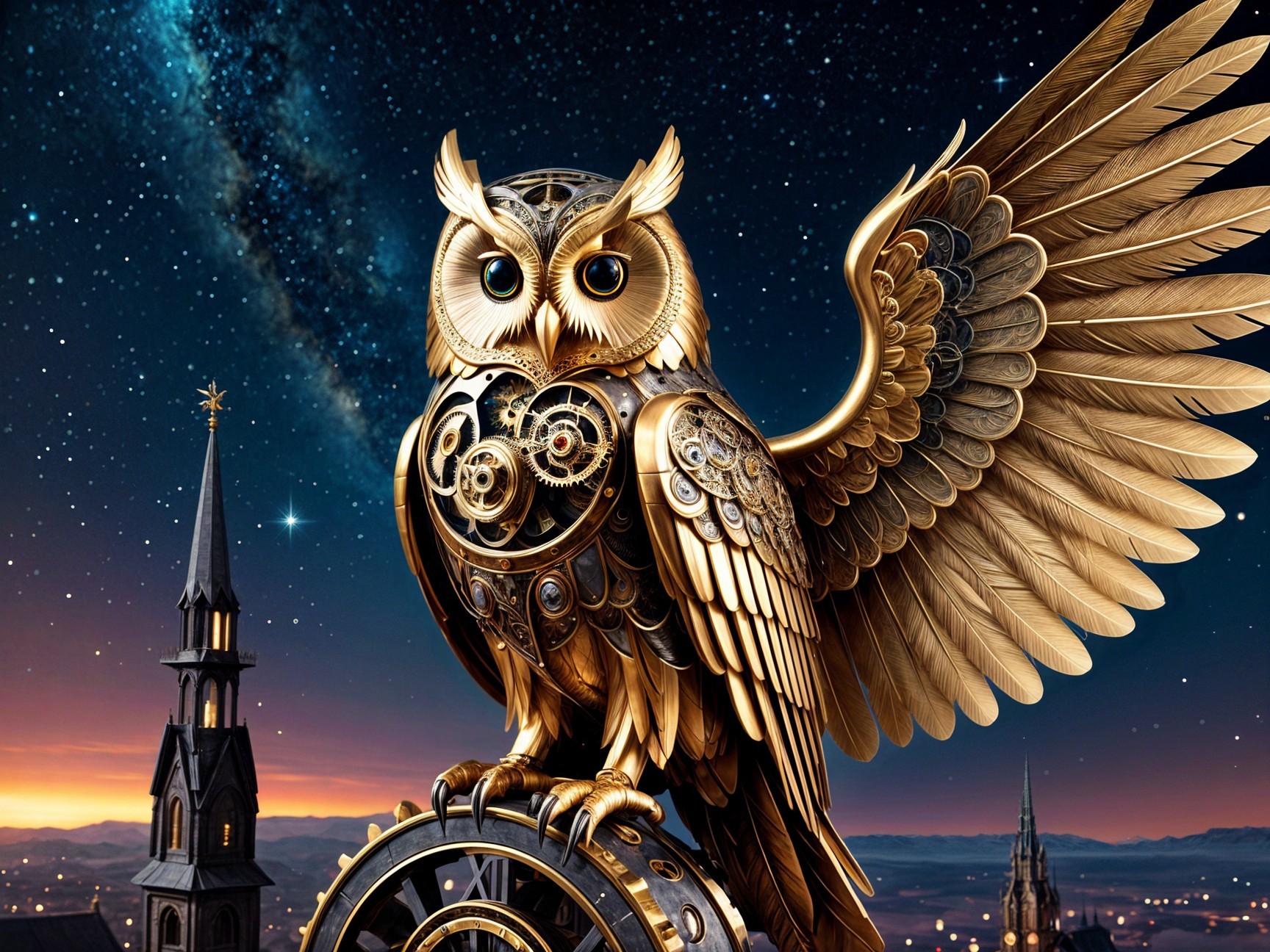Golden owl atop clock with starry night background