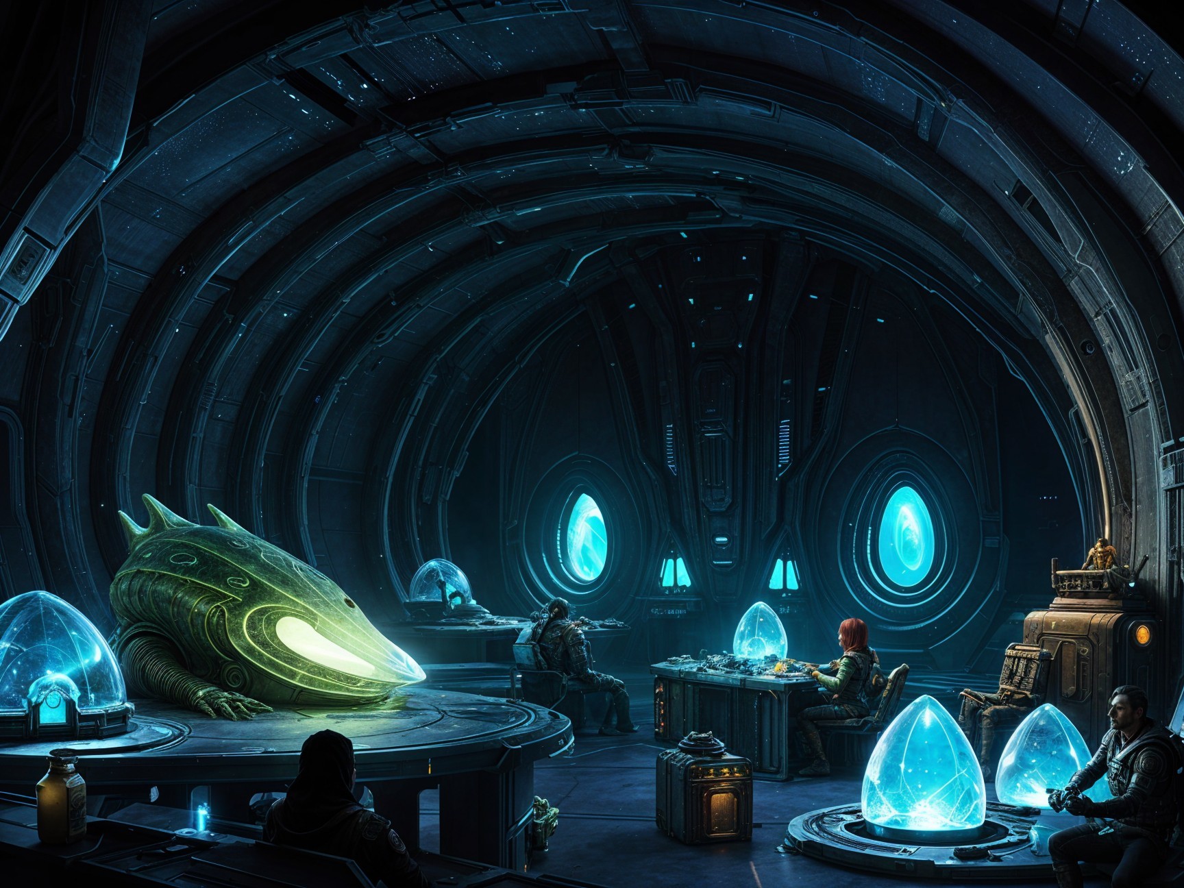 Futuristic Room with Alien Spacecraft and Starry View