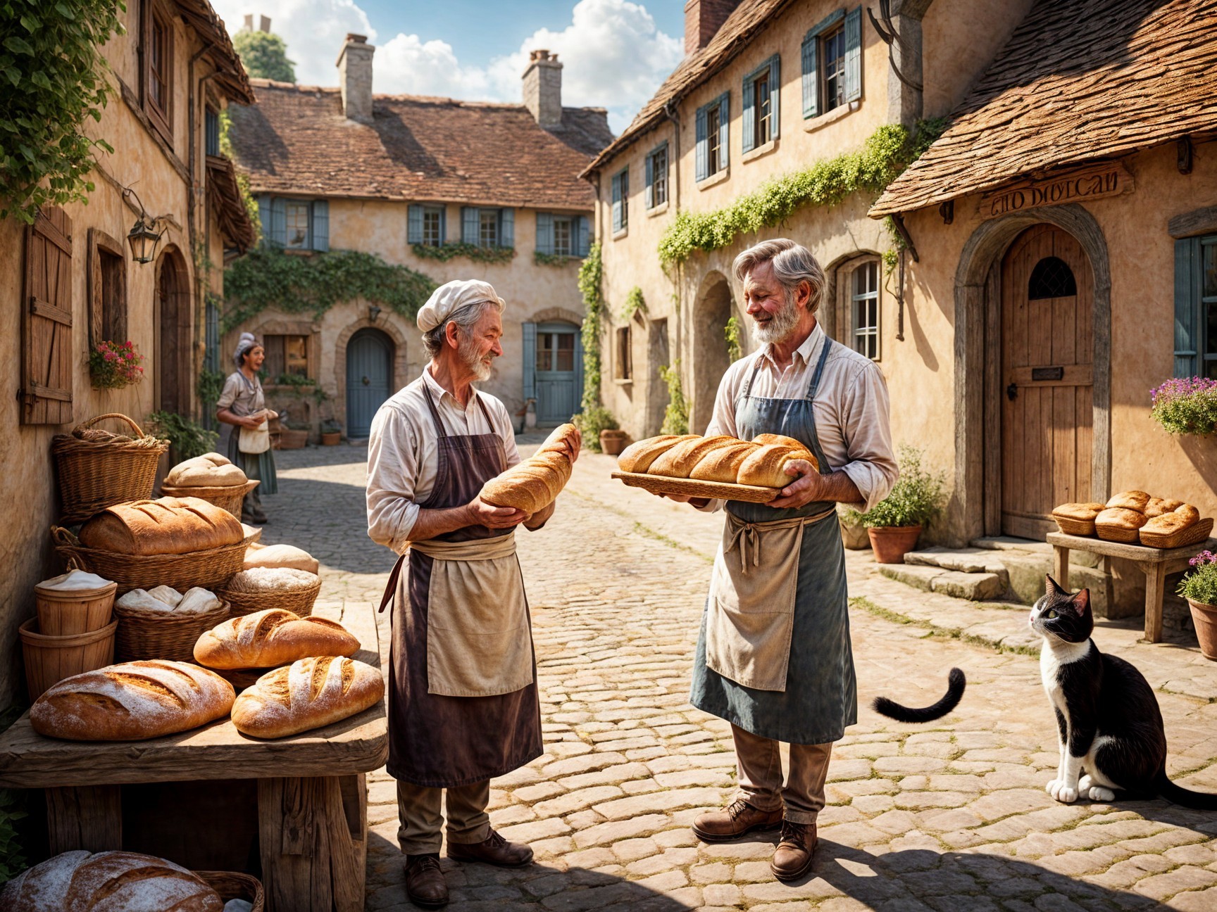 Bakers in Sunlit Village with Freshly Baked Bread