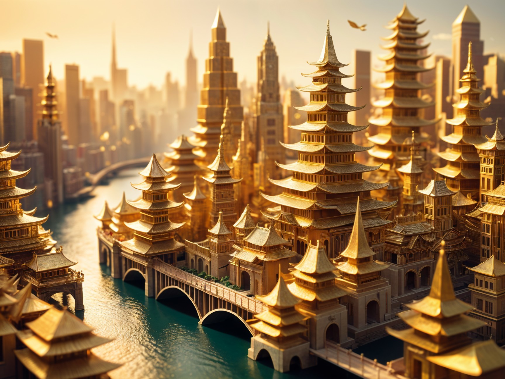 Cityscape of Golden Pagodas and Skyscrapers at Sunset