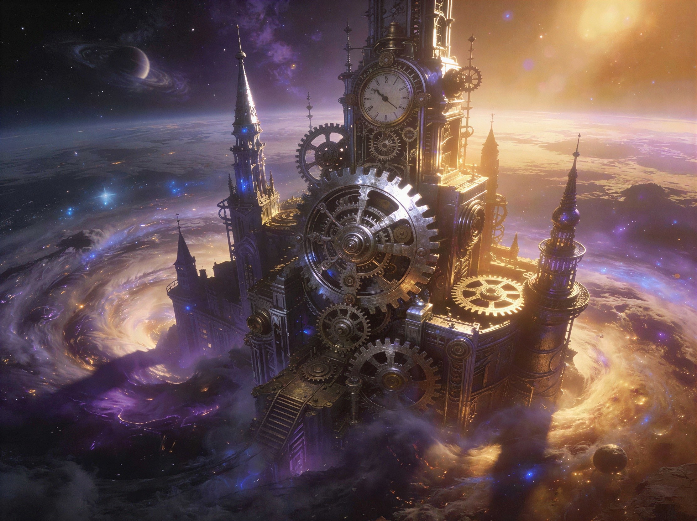 Metal and Gear Palace in Cosmic Vortex with Clock Tower
