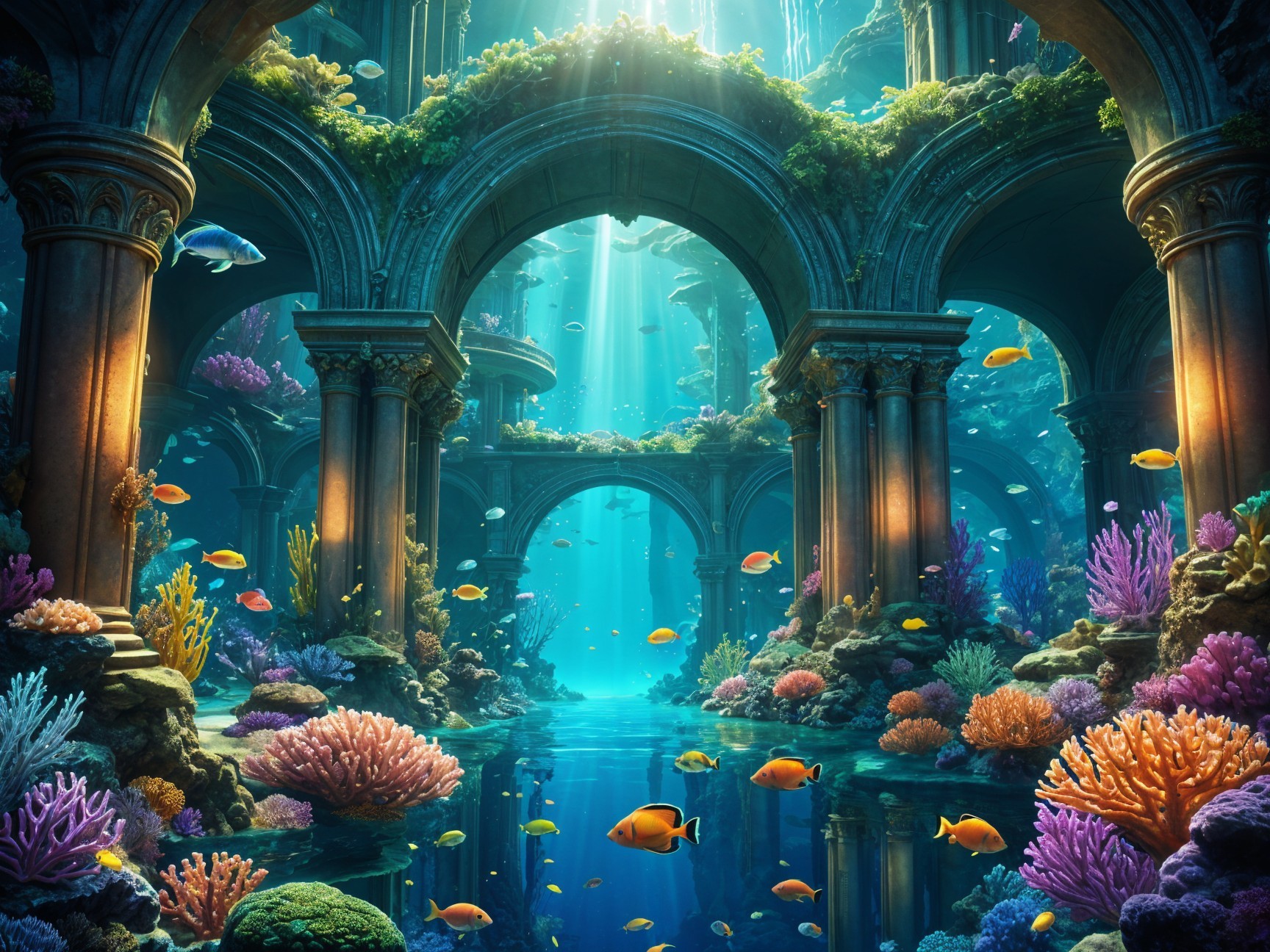 Underwater Scene of Ancient Arches and Marine Life