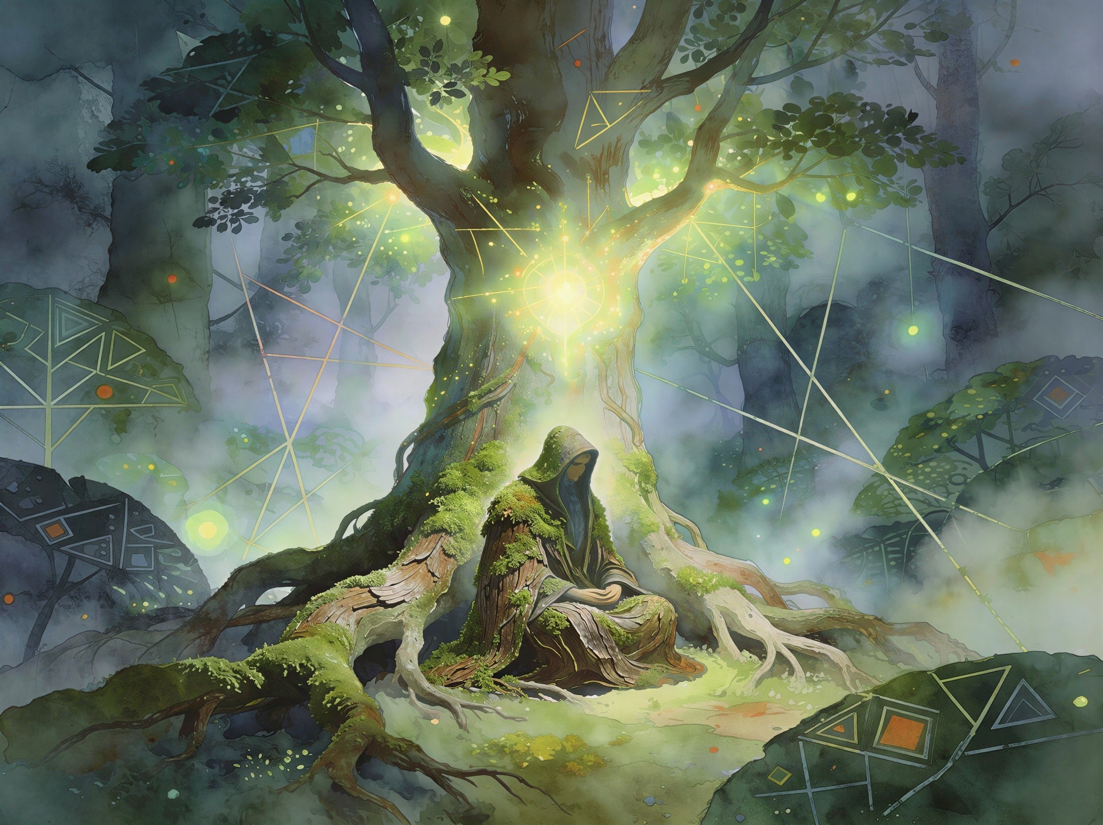 Hooded Figure Meditating Under Glowing Tree in Forest