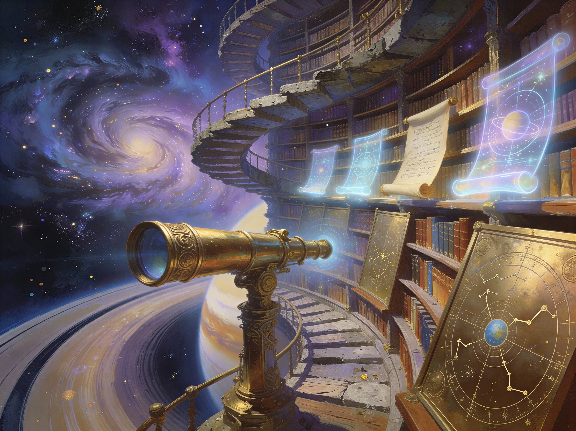 Fantastical Astronomical Library in Space Scene