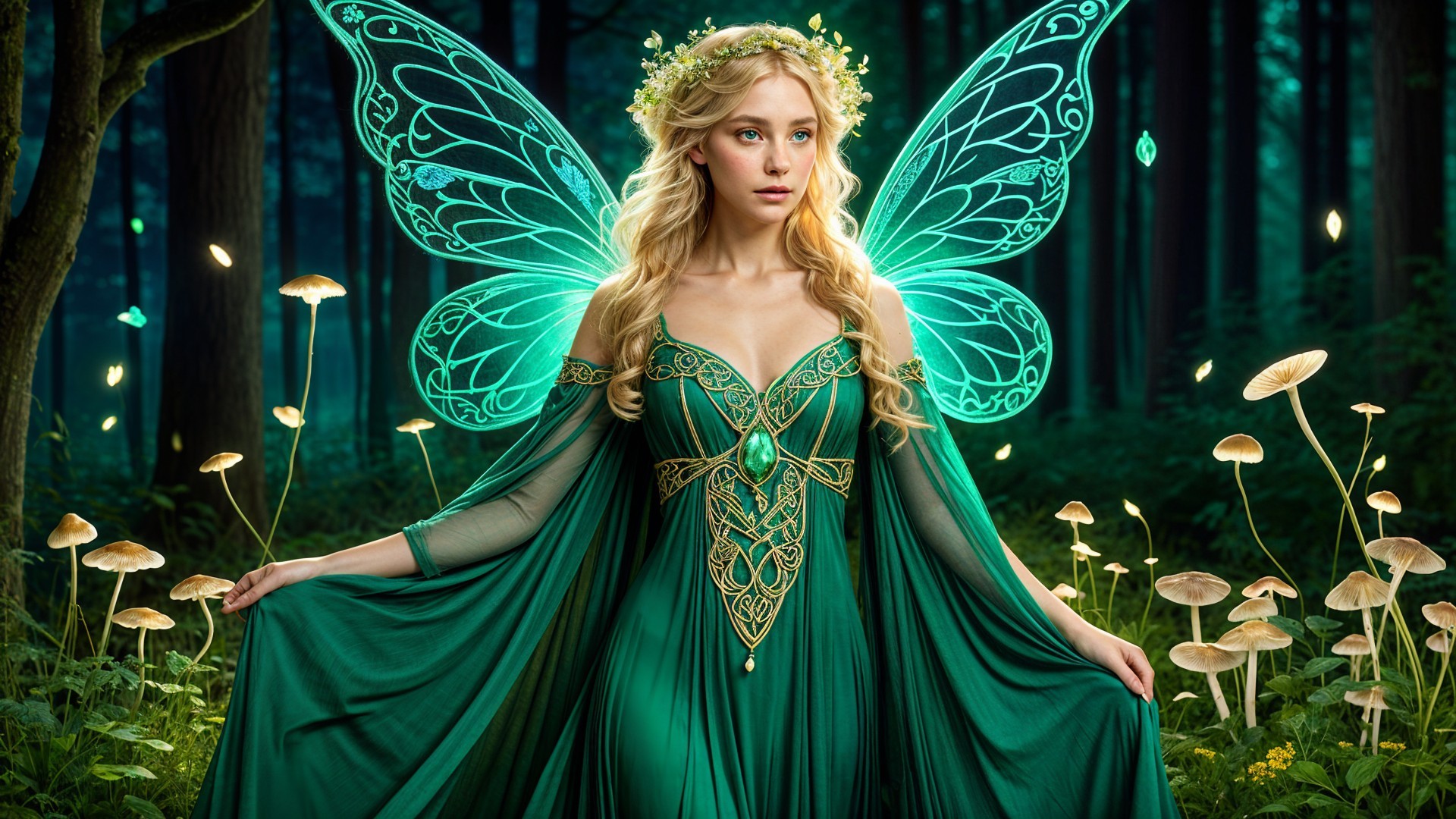 Ethereal Fairy in Mystical Forest with Glowing Mushrooms