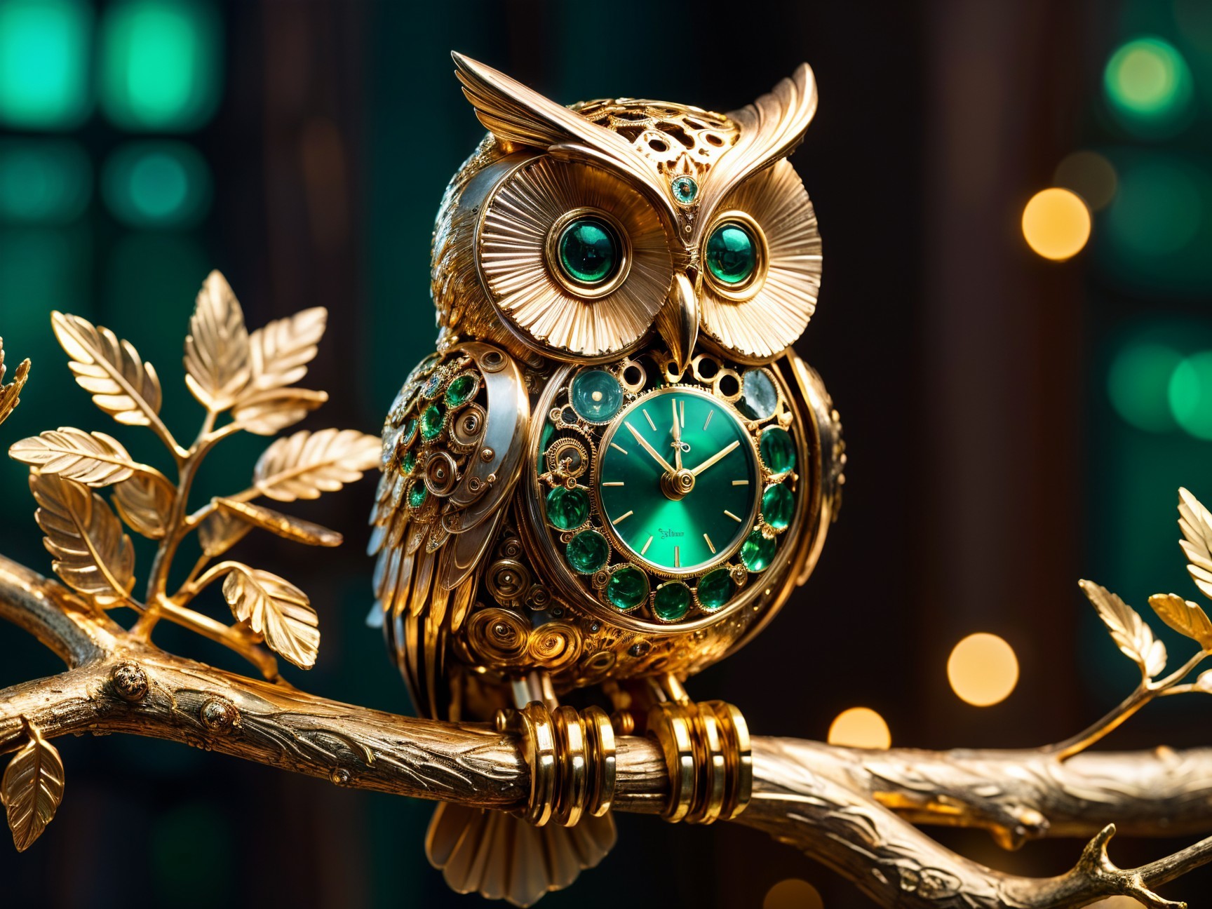 Intricate Owl Figurine with Clock and Emerald Accents