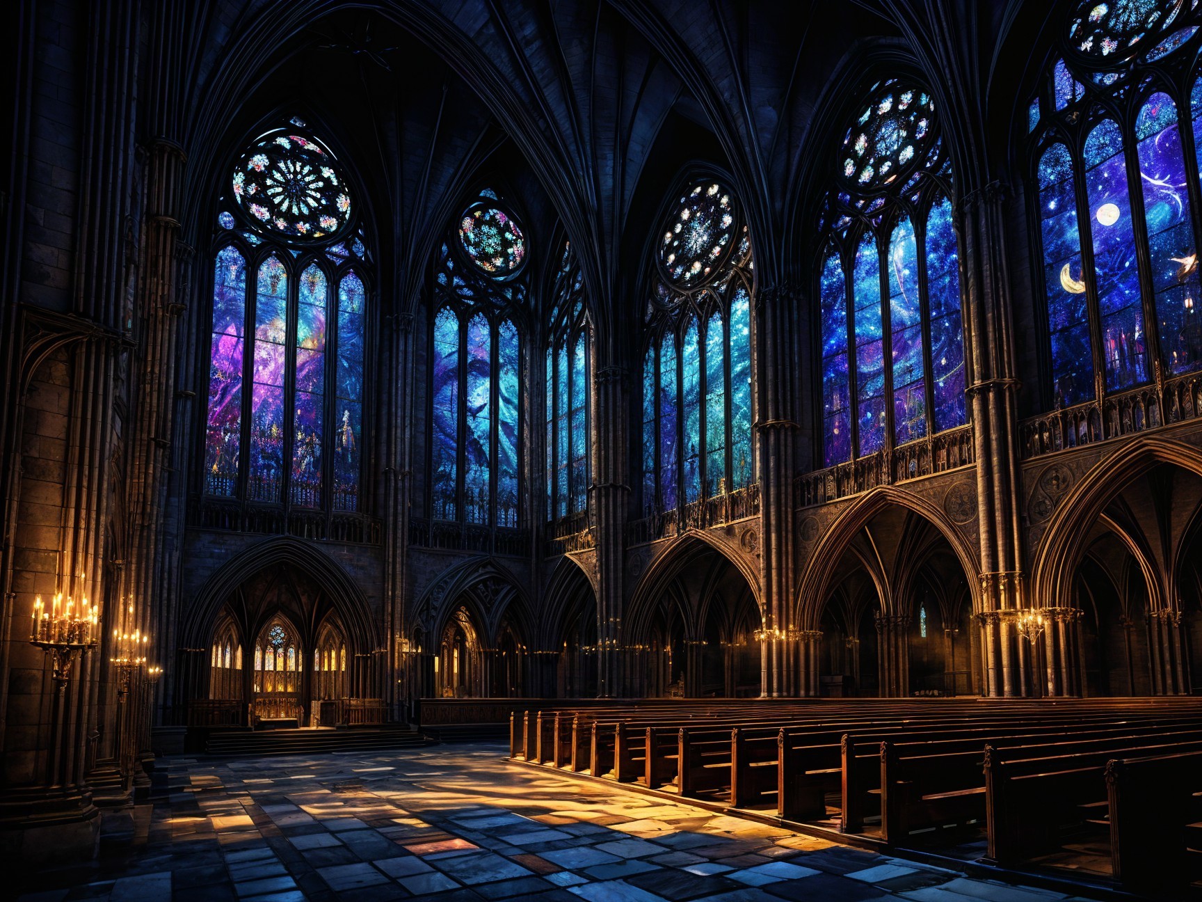 Gothic Cathedral Interior with Stained Glass and Arches