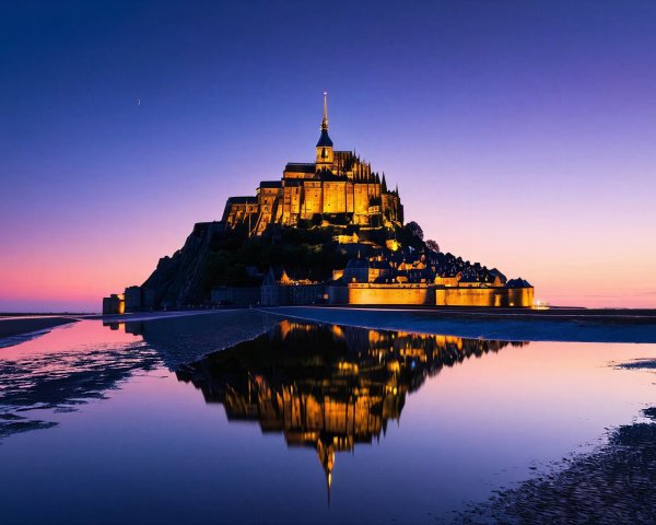 Mont Saint Michel Island at Dusk with Reflections