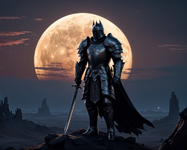 Knight in Dark Armor Under Full Moon and Stars