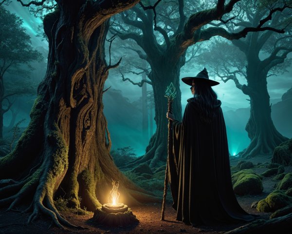 Cloaked Figure in Enchanted Twilight Forest Scene