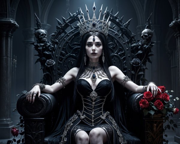 Regal Figure on Skull Throne in Gothic Setting