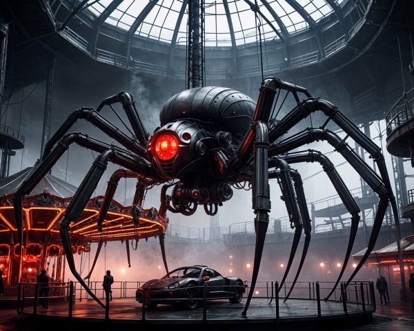 Colossal Mechanical Spider in Industrial Space