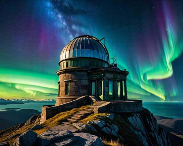 Observatory Under Vibrant Auroras and Milky Way