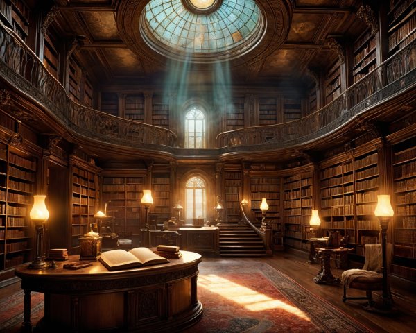 Grand library with wooden bookshelves and stained glass