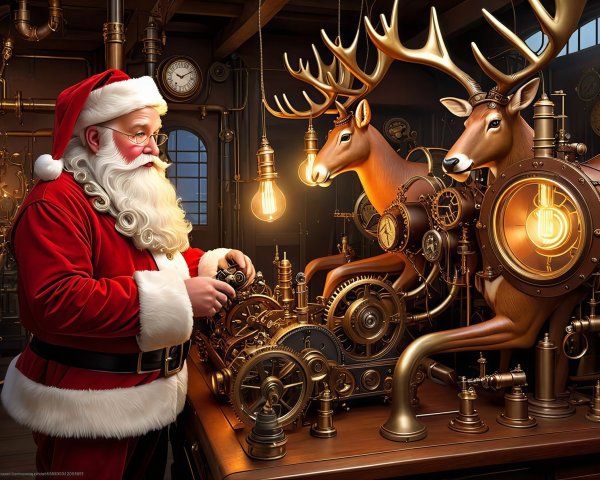 Santa Claus Working on Steampunk Machinery with Deer