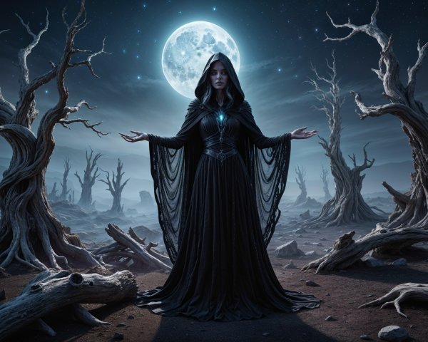 Mysterious Cloaked Figure in Eerie Moonlit Landscape