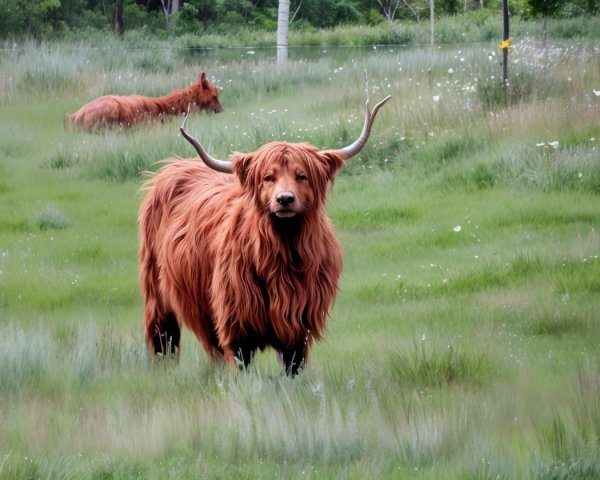 Highland Cow in Lush Green Field with Grazing Companion