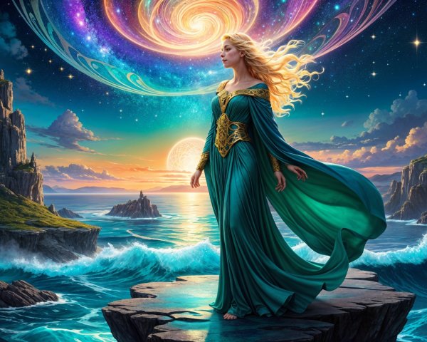 Mystical Figure on Rocky Outcrop with Cosmic Background