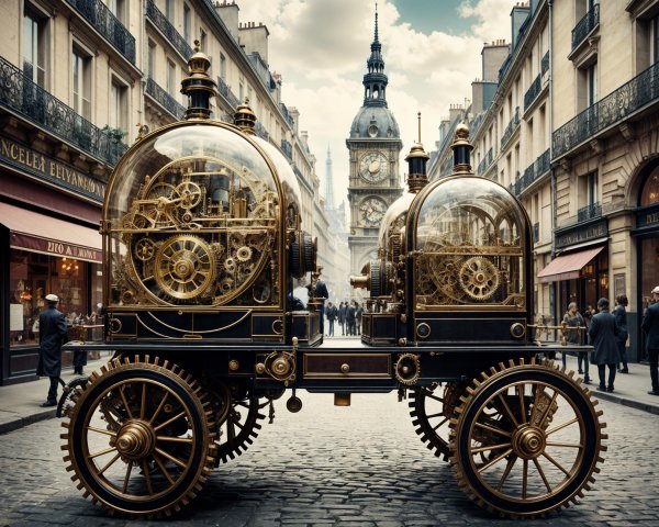Steampunk Vehicle on a Parisian Cobblestone Street