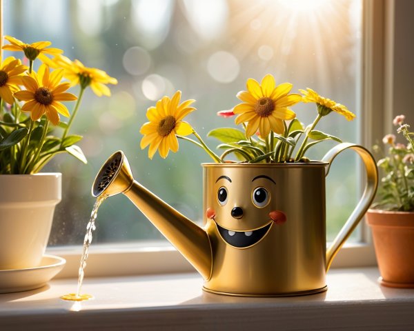Golden Watering Can with Flowers on Sunlit Windowsill