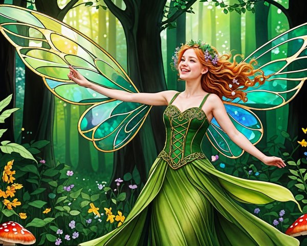 Whimsical Fairy Dancing in a Colorful Forest