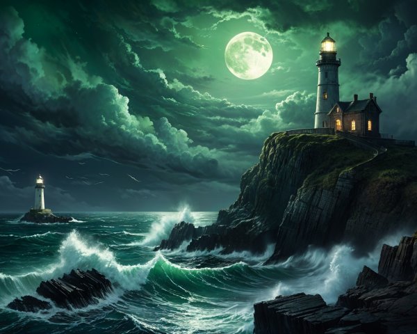 Dramatic Seascape with Lighthouses and Turbulent Waves