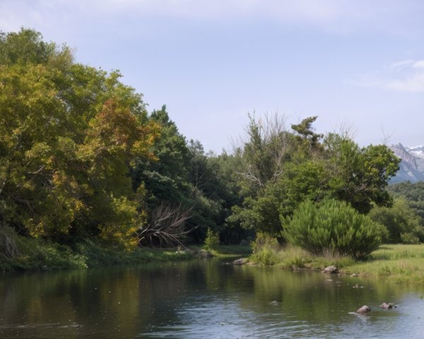 Serene River in Lush Landscape with Rolling Hills