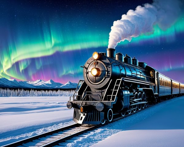 Vintage Steam Locomotive in a Snowy Landscape with Aurora