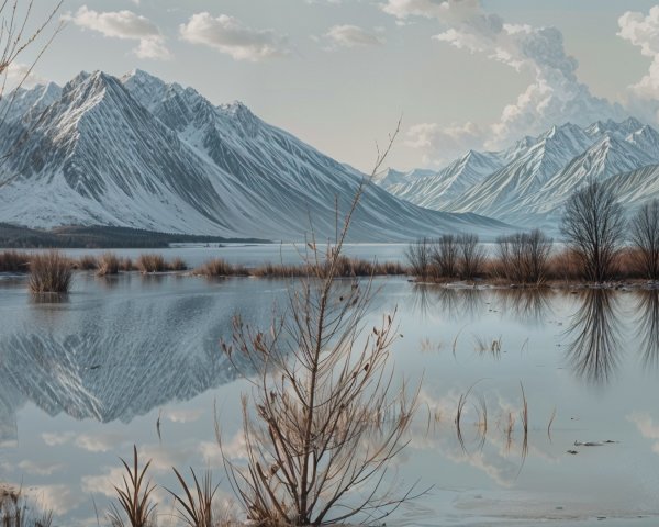 Serene Lake Reflecting Snow-Capped Mountains Landscape