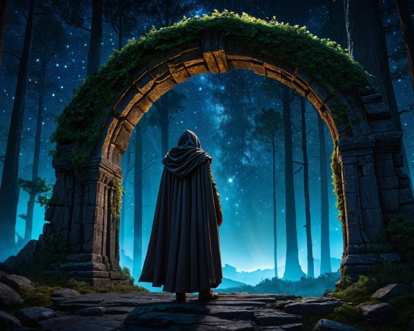 Cloaked Figure at Stone Archway in Enchanted Forest