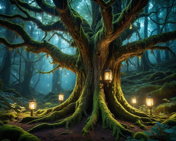 Ancient Tree in a Mystical Forest with Lanterns