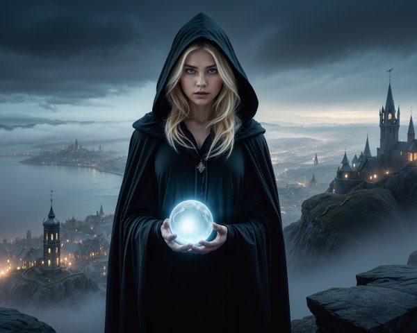 Mysterious Figure with Glowing Orb Over Enchanted City