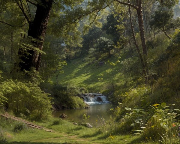 Serene Forest Landscape with Gentle Stream and Wildflowers