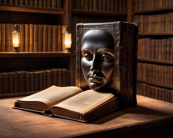 Antique Book with Mask Cover in Dimly Lit Library