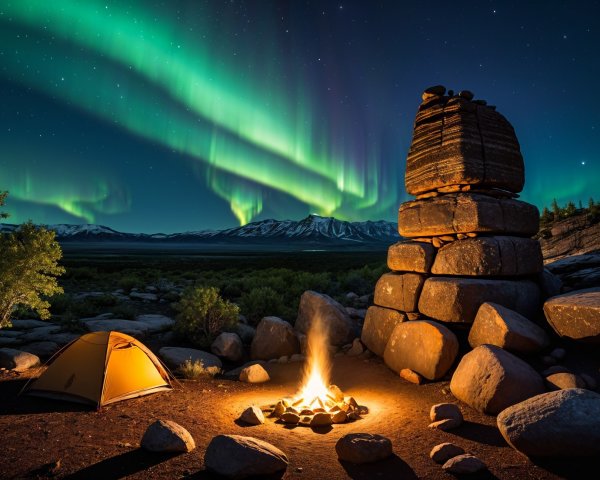 Campsite with Northern Lights and Starry Night Sky