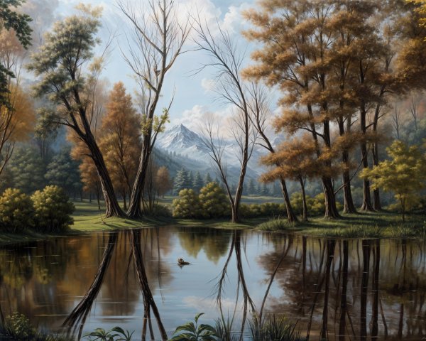 Tranquil Autumn Landscape with Pond and Mountains