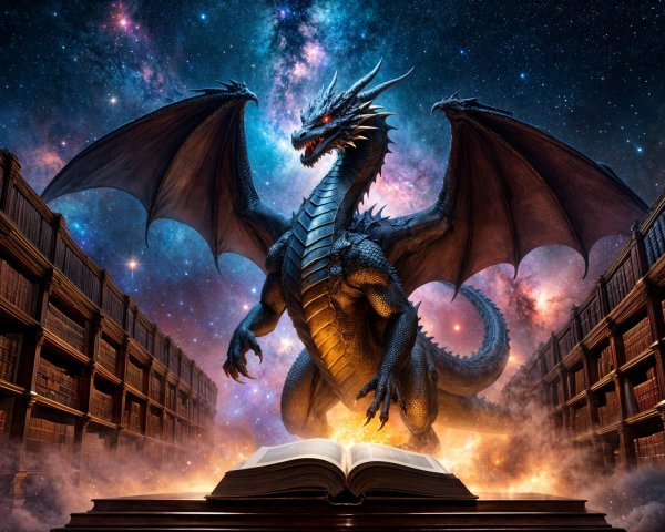 Majestic dragon in a mystical library with galaxies